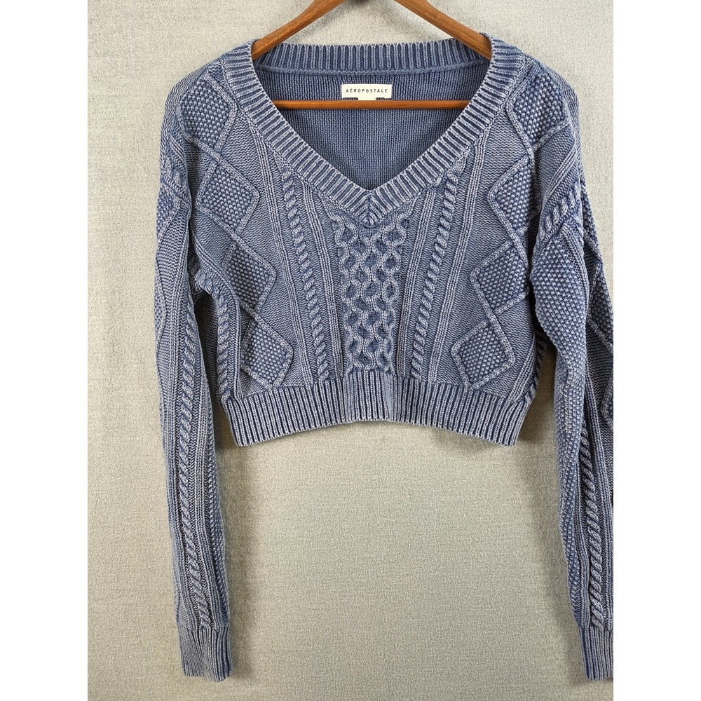 Aeropostale XS Chunky Cable Knit Cropped Sweater V Neck Boho Sunwashed Blue